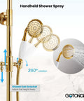 Polished Gold Exposed Shower Faucet System with 8 Inch Rainfall Shower Head and Handheld Spray Wall Mount Fixture Two Function Diverter Brass Construction Ceramic Valves Max Flow One Point Two Five GPM showing handheld spray.