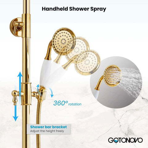 Polished Gold Exposed Shower Faucet System with 8 Inch Rainfall Shower Head and Handheld Spray Wall Mount Fixture Two Function Diverter Brass Construction Ceramic Valves Max Flow One Point Two Five GPM showing handheld spray.