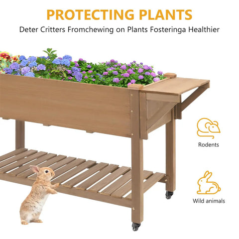 Mobile Raised Garden Bed With Lockable Wheels, Elevated Wood Planter With Storage Shelf And Protective Liner, 55.5 x 24 x 32 Inches, with flowers.