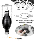 Straight Up Solid Hand Fuel Transfer Pump Manual Rubber Primer Bulb Fits 10mm 3/8 Inch Lines showing size and function with stop valve inside.