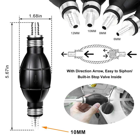 Straight Up Solid Hand Fuel Transfer Pump Manual Rubber Primer Bulb Fits 10mm 3/8 Inch Lines showing size and function with stop valve inside.