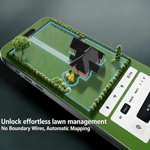 Smart Self Propelled Lawn Mower With App Control on smartphone screen depicting yard layout and features.