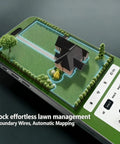 Smart App Controlled Robotic Lawn Mower With 1500W Self Propelled Power displayed on a smartphone screen with lawn map.