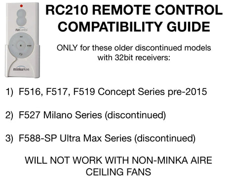RC210 Hand Held 32 Bit AireControl Ceiling Fan Remote System compatibility guide for select old Minka-Aire models.