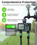 Two Zone Digital Sprinkler Timer For Garden Hose And Yard Irrigation With Rain Delay No Brainer Easy Setup IP66 Waterproof Auto And Manual Controller, displaying battery and valve information.