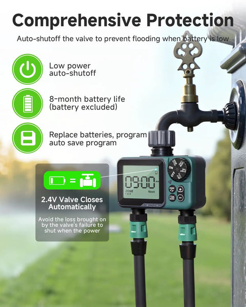 Two Zone Digital Sprinkler Timer For Garden Hose And Yard Irrigation With Rain Delay No Brainer Easy Setup IP66 Waterproof Auto And Manual Controller, displaying battery and valve information.