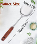 Stainless steel wok spatula with wooden handle, 14.4-inch length, for stirring and turning in wok.