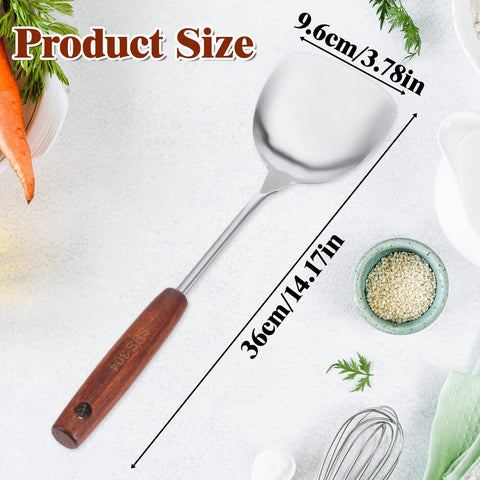 Stainless steel wok spatula with wooden handle, 14.4-inch length, for stirring and turning in wok.