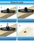 Instruction steps for using dowel jig kit for floating shelves and invisible brackets, showing self centering drill guide setup.
