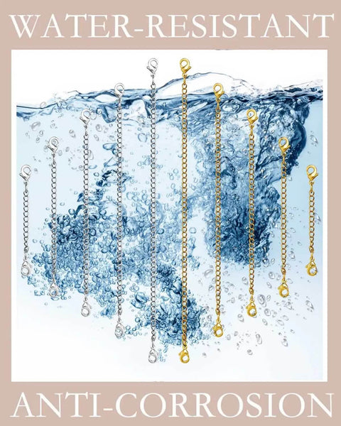 10 Piece Necklace Extender Set With 5 Lengths 2 3 4 5 6 Inches In Gold And Silver Plated Stainless Steel displayed underwater