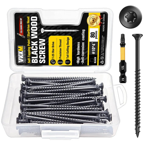 Ten By Four Inch Black Star Drive Wood Screws Self Tapping Deck Screws 80 Pieces with Free T25 Bit in plastic box