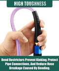 Heavy Duty Polyurethane Coiled Air Hose 1/4 X 25 Ft Self Retracting Spring Design With Quick Connect Coupler And Emissions Plug Kit Built Tough Air Compressor Shop Rig Ready Purple, showing bend restrictor and connector.