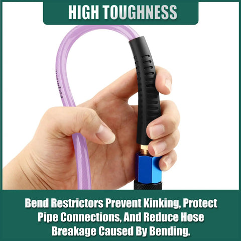 Heavy Duty Polyurethane Coiled Air Hose 1/4 X 25 Ft Self Retracting Spring Design With Quick Connect Coupler And Emissions Plug Kit Built Tough Air Compressor Shop Rig Ready Purple, showing bend restrictor and connector.