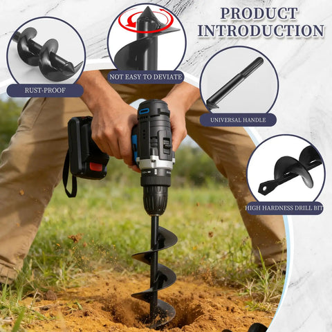 Person using an Extended Spiral Auger Drill Bit For Planting 1.6 In Diameter By 8.66 In Length With 3/8 In Hex Shank on grass