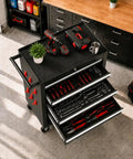 Heavy Duty Steel Rolling Tool Chest With Smooth Glide Wheels And Lockable Five Drawer Mobile Cart, top view displaying tools and organized drawers.