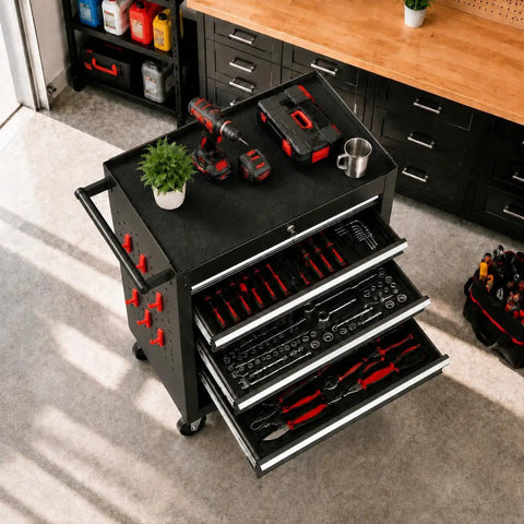 Heavy Duty Steel Rolling Tool Chest With Smooth Glide Wheels And Lockable Five Drawer Mobile Cart, top view displaying tools and organized drawers.