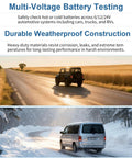 KINGTAIXIN automotive battery tester; multi-voltage, weatherproof construction; two scenes: sunny and snowy roads.