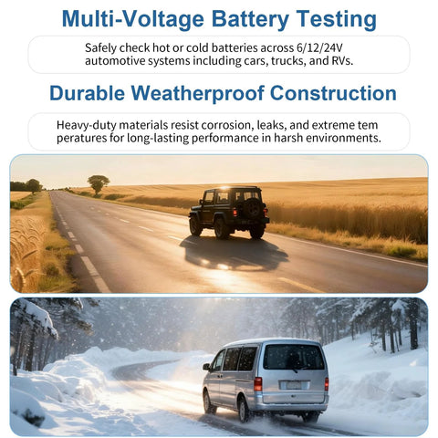 KINGTAIXIN automotive battery tester; multi-voltage, weatherproof construction; two scenes: sunny and snowy roads.