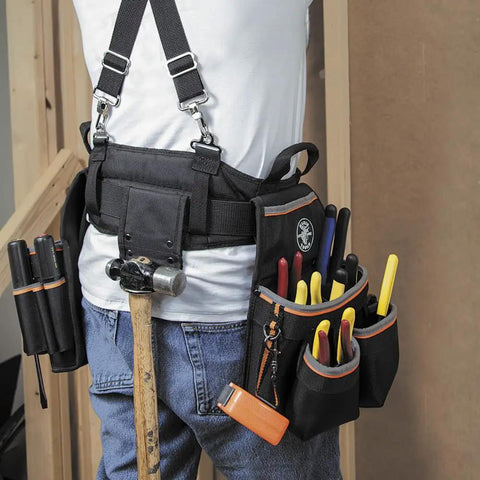 Tradesman Pro Electrician Padded Tool Belt And Pouch Set With Removable Pockets Breathable Mesh Belt Wide Open Loops For Drill Bits Tape Measure Hammer And Parts Fits 31 To 34 Inch Waists worn by person with tools