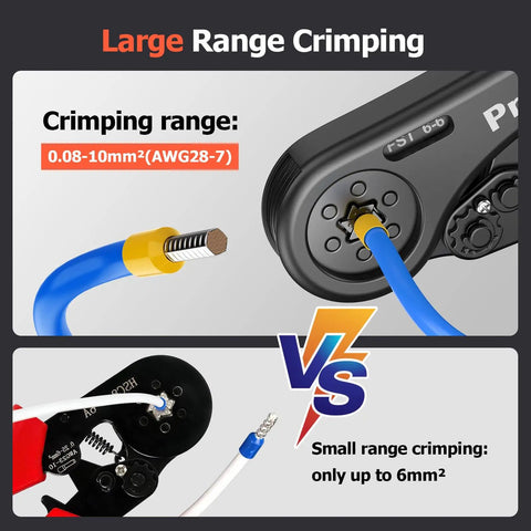 Ferrule Crimping Tool Kit With Hexagonal Ratchet Pliers For AWG 28-7 showing large range crimping capabilities