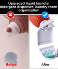 Comparison of laundry detergent dispenser before and after using 2 Pack Laundry Detergent Dispenser Cup Holder With Nozzle Button Upgrade