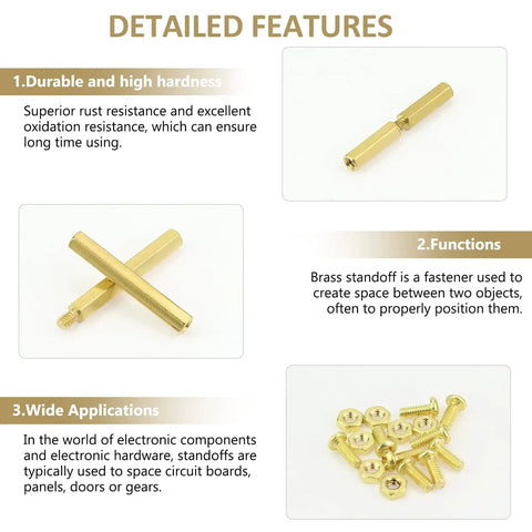 All In One Pro Grade M2 Brass Standoffs Kit 320 Pc Set With Hex Spacers Screws Nuts For PCB Motherboard Builds Includes Male And Female 5 10 15 20 mm Standoffs And 3 mm Lengths detailed features displayed on white background