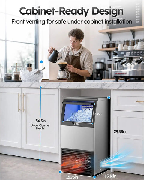 Heavy Duty Commercial Ice Maker Cranks Out 100 Lbs Crystal Clear Ice Daily With No Sweat Installation And Party Ready Cooling for bars and kitchens.