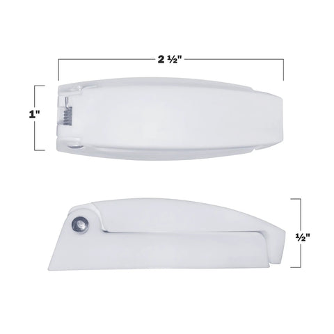 Heavy Duty RV Storage Door Latches 12 Pack with Spring Clips and Mounting Hardware, white dimensions 2.5x1 inches, side view.