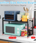 Expandable Metal Storage Shelves With 110 Lbs Capacity Heavy Duty Adjustable Rack for kitchen with microwave and dishes.
