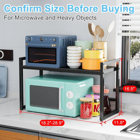 Expandable Metal Storage Shelves With 110 Lbs Capacity Heavy Duty Adjustable Rack for kitchen with microwave and dishes.