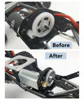 Before and after installation of Beef Up 0.5M 32T Spur Gear And 8T Pinion Conversion Kit for 1/24 RC Crawler Axial SCX24
