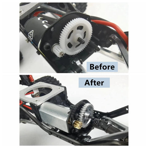 Before and after installation of Beef Up 0.5M 32T Spur Gear And 8T Pinion Conversion Kit for 1/24 RC Crawler Axial SCX24