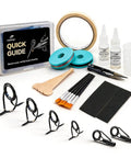 All-In-One Pro-Grade Fishing Rod Repair Kit With 8 Double-Foot Guides And 9 Tip Sizes, epoxy glue, threads, and tools displayed.
