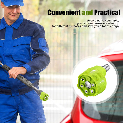 Front view of a man in blue workwear using green 2-pack 6-in-1 pressure washer nozzles with metal connector.