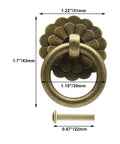 Four Piece Bronze Antique Brass Ring Pull Handles Set With Screws Flower Pattern Vintage Style Cabinet Knobs for Kitchen Cabinets Wardrobe Dressers and Drawers showing detailed dimensions.