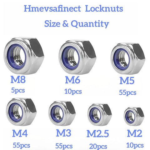 Locknut Set 210 Pcs Nylon Insert Lock Nuts Assortment M2 To M8 Stainless Steel 304 Heavy Duty Bolt Applications shown