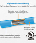 Cross-section of 100 Pcs Heat Shrink Wire Connectors 16-14 AWG Tinned Copper Core Waterproof Crimp Butt Terminals UL Certified.