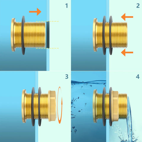 Installation steps for Brass 1-1/2 Inch Female To 2 Inch Male Bulkhead Tank Connector Fitting With Rubber Ring For Water Tanks Buckets And Fish Tanks Heavy Duty Bulkhead Adapter For Water Towers Temperature Range -65 To 250 Degrees Fahrenheit