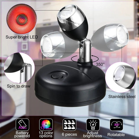 Six Battery Operated Wireless LED Spotlight Kit Indoor With 13 Color Up Lights, 3 Remote Controls, Rotatable Heads