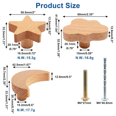 Totally Sweet Wooden Cabinet Knobs Moon Star And Cloud Shapes 6 Piece Set Heavy Duty Drawer Pulls dimensions and sizes displayed