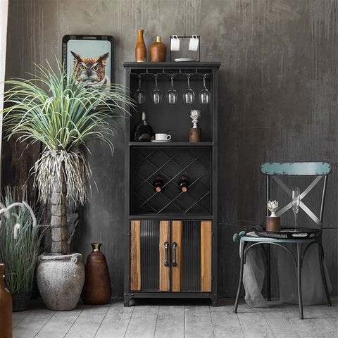 Heavy Duty Industrial Wine Cabinet With Rustic Iron Frame Rock Solid Bar Sideboard For Kitchen Hangouts with multi tier bottle rack and glasses