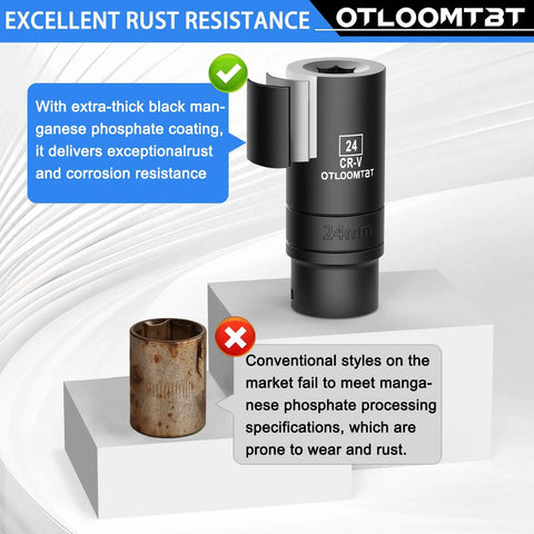 Heavy Duty 32 Piece One Half Inch Drive Impact Socket Set With Deep Sockets Metric And SAE With Extension Bar Cr V Steel Rust Resistant Coating Pro Grade Tough Build And Premium Storage Case demonstrating rust resistance with Cr-V steel and phosphate coating.
