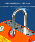 Industrial Magnetic Lifter With Bulletproof Grip And No Sweat Quick Release Lever For Shop Cranes Rated Up To Eleven Thousand Pounds close-up of high strength alloy steel rings.