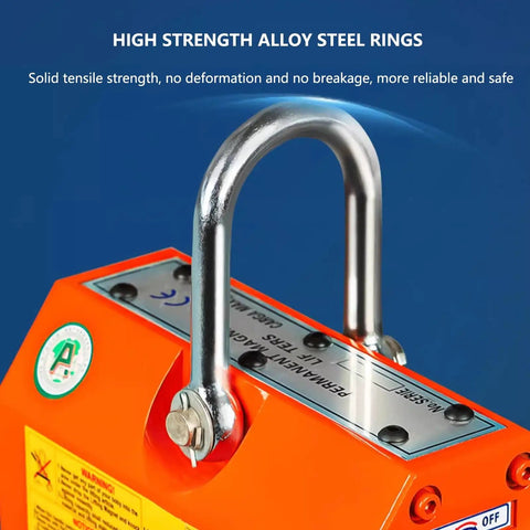 Industrial Magnetic Lifter With Bulletproof Grip And No Sweat Quick Release Lever For Shop Cranes Rated Up To Eleven Thousand Pounds close-up of high strength alloy steel rings.