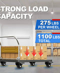 Straight Up Heavy Duty 2 Inch Swivel Caster Wheels 4 Pack With Full Lock Dual Brake Rock Solid Carbon Steel Build For Workbenches Rolling Furniture Supporting 1100 Pounds Max Load Capacity on a cart.