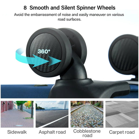 Close-up of 360° spinner wheels on Ultra Lightweight 16 Inch Underseat Carry On Luggage With 360 Degree Spinner Wheels, FAA Approved.