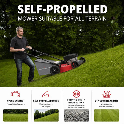Gas Self Propelled Lawn Mower For Hills And Medium Yards, A Yard Workhorse With 170cc OHV Engine, 3 In 1 Mulching Bagging Discharge, 6 Position Height, Alloy Deck, Easy Start, Rear Wheel Drive on a steep slope