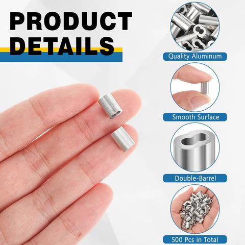 500 Piece Aluminum Crimp Loop Sleeves For One Sixteenth Inch Wire Rope And Cable Ends, Durable Lightweight Ferrules End Caps For DIY Rigging, Marine Outdoor Gear, Easy Quick Crimp. 500 pcs aluminum double-barrel sleeves in hand