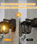 Comparison of Dusk To Dawn Porch Light With Built In GFCI Outlet Black Outdoor Wall Sconce showing safe downward outlets.