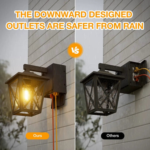 Comparison of Dusk To Dawn Porch Light With Built In GFCI Outlet Black Outdoor Wall Sconce showing safe downward outlets.